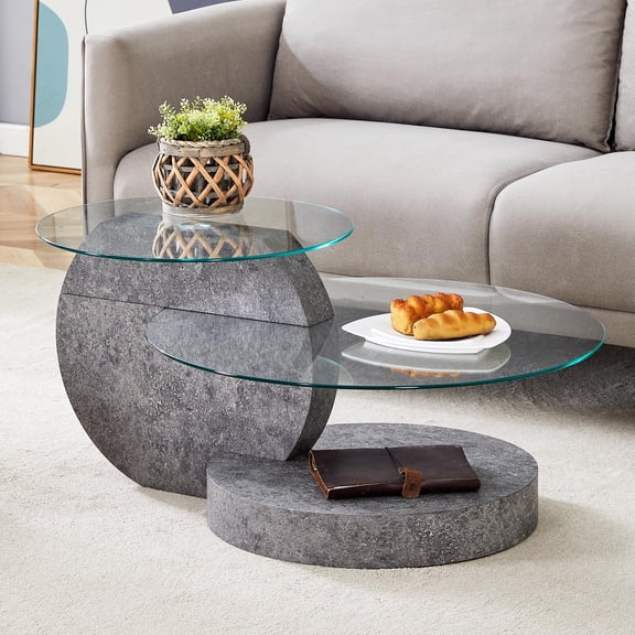 35 Cement Grey 3-Tier Oval Coffee Table With Tempered Glass Top