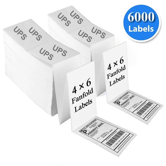 Thermal Direct Labels, Pack of 6000 Fan-Fold 4x6 Shipping Label with Perforation, FanFold 4”x6” Labels, Compatible with Zebra & Most Printer, Strong Adhesive, Clear Print, UPS Certified