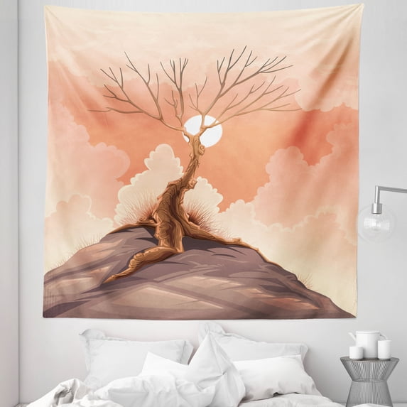 Landscape Tapestry, Lonely Tree on Top of Cliff Rock Above the Moon Magistic Landscape Art Print, Fabric Wall Hanging Decor for Bedroom Living Room Dorm, 5 Sizes, Orange Brown, by Ambesonne