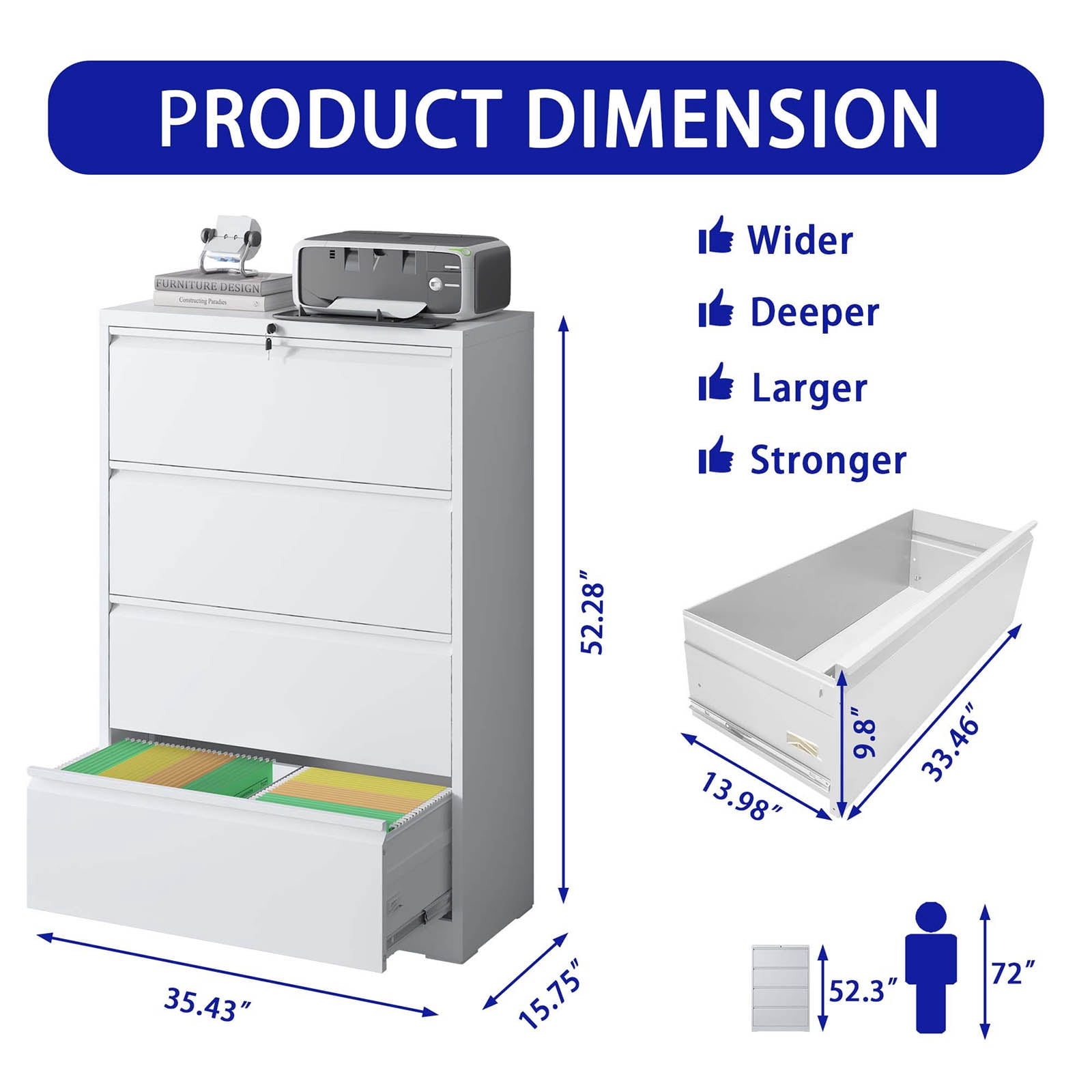 File Cabinet With 4 Drawers, Lock, 2 Keys, Quiet Storage Space Lockable Metal File Cabinet For Home Office, Files Legal, Letter, A4, F4 Size