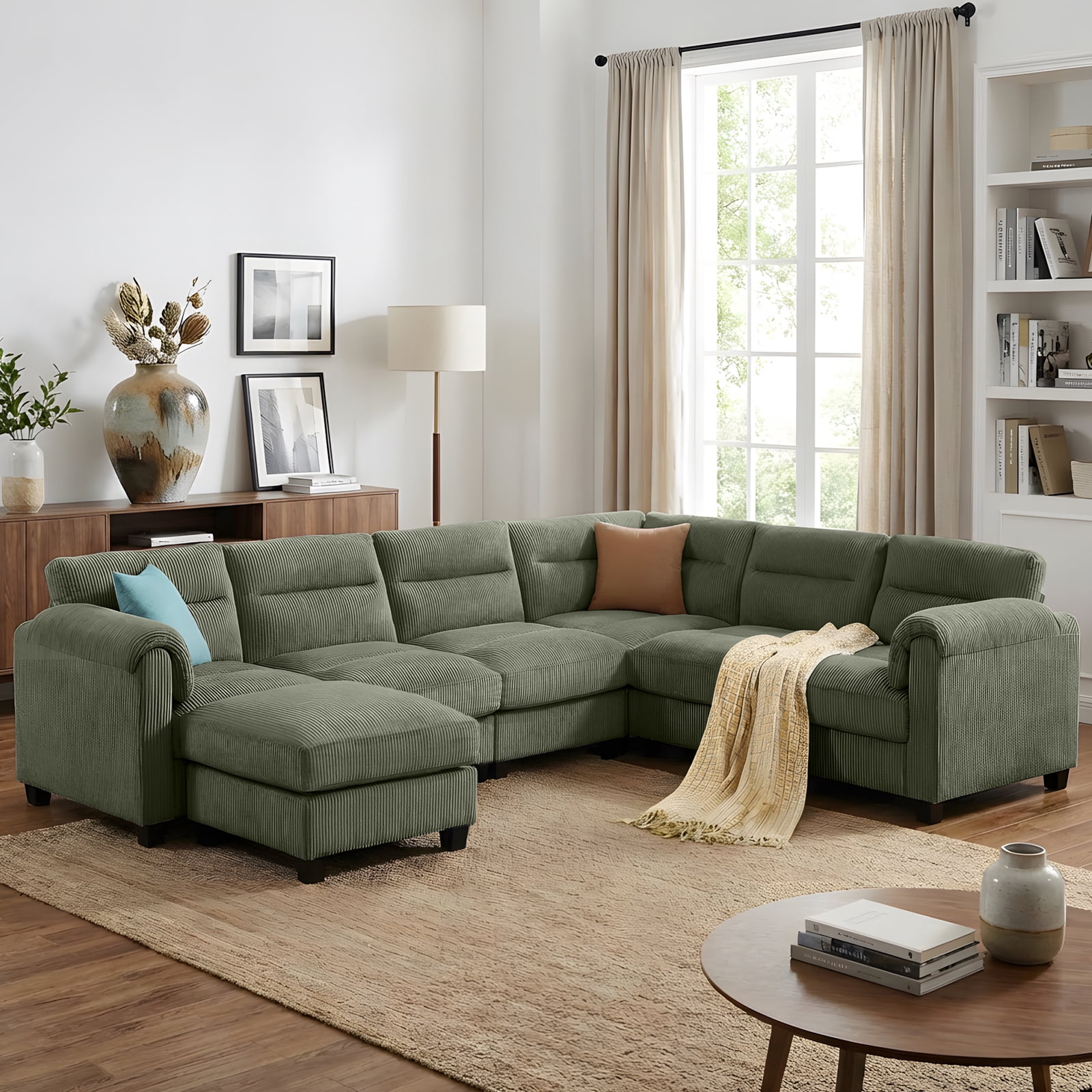 Bonzy Home Convertible Sectional Sofa Couch for Living Room With Ottoman Green