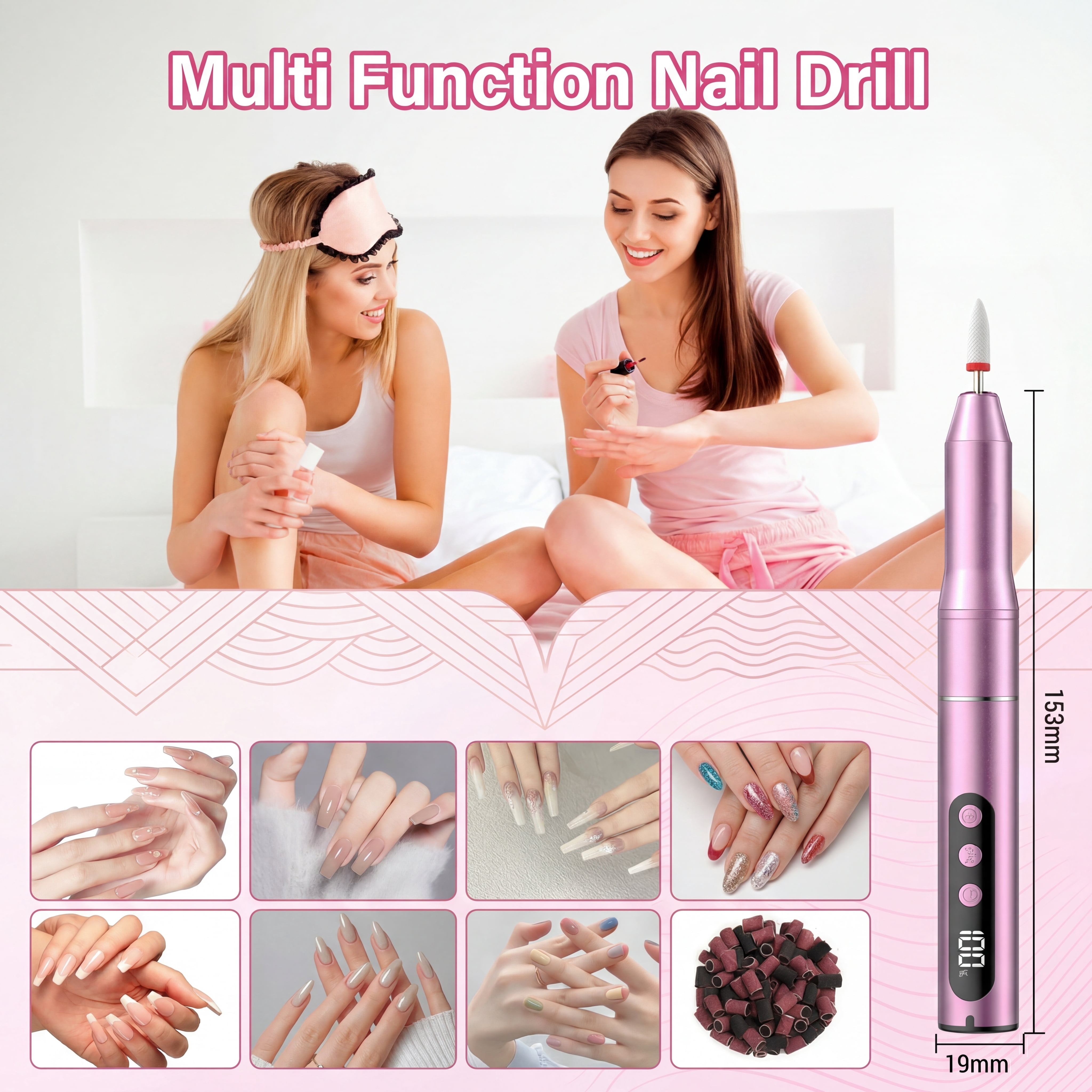 Cordless Electric Nail Drill, 35,000 RPM Rechargeable Nail Drill Machine with 12 Nail Drill Bits, Portable Electric Nail File with LCD Display for Acrylic and Gel Nails, Manicure & Pedicure, Pink
