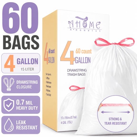 A*Homeist Trash Bag 4 Gallon Heavy Duty Car Office Garbage Bags Trash Liners 0.7 Mil Thick, 60 Count