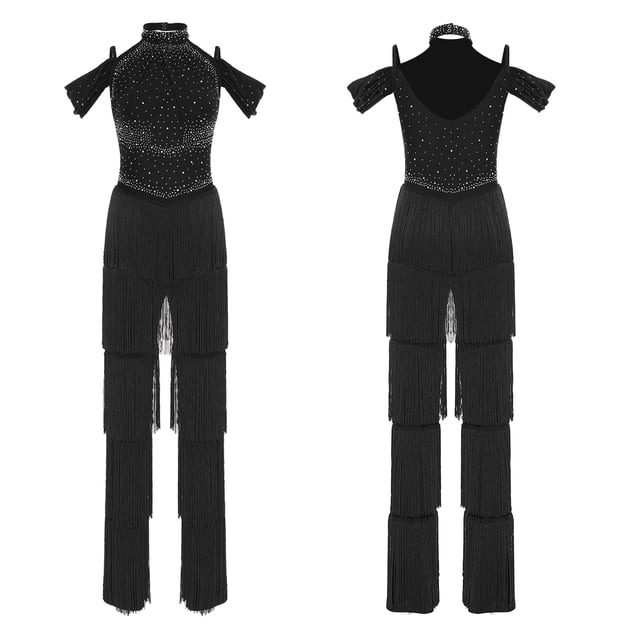 inlzdz Women's Rumba Latin Dance Rhinestones Sleeveless Tassel Jumpsuit Rompers Black S