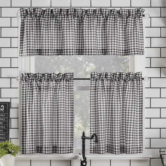 Parkham Farmhouse Plaid Semi-Sheer Rod Pocket Kitchen Curtain Valance and Tiers Set, 54" x 36", Black/White