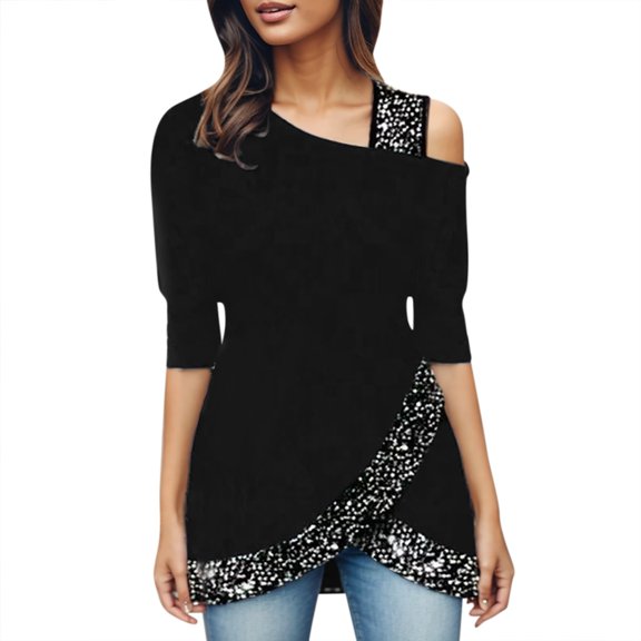 Going Out Tops for Women Asymmetrical Long Sleeve Top with Sheer Panel Detail and Fitted Shape Dressy Tops for Women