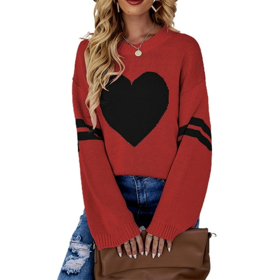 Women Y2k Heart Print Sweater Long Sleeve Crewneck Pullover Lightweight Knitwear Tops Valentine 's Day Clothes