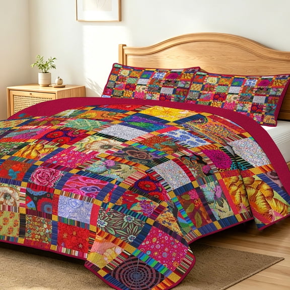 FIVERAM Boho Bedspread for Queen Bed,3 Piece Floral Patchwork Quilt Set Queen Size,Lightweight Coverlet Bedding Set for Bohemian Bedroom Decor