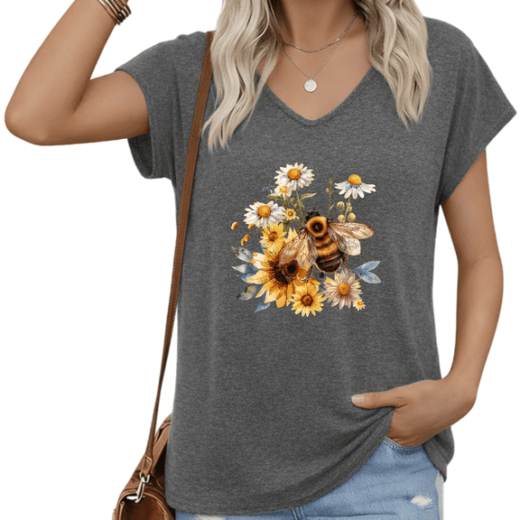 UNISHE Women Casual V Neck Short Sleeve T Shirt Bee Sunflower Floral Realistic Graphic Vintage Nature Loose Tee S-5XL