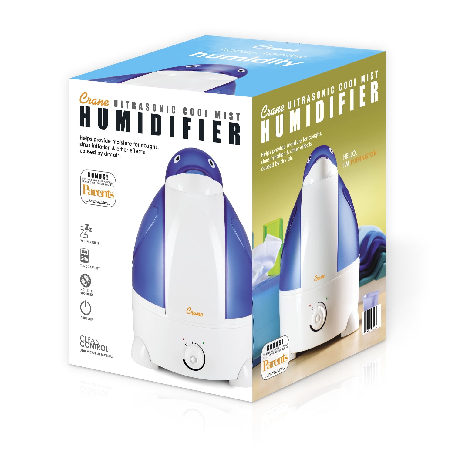 Crane Adorable Ultrasonic Cool Mist Humidifier, 1 Gallon, 500 Sq ft Coverage, 24 Hour Run Time - Penguin