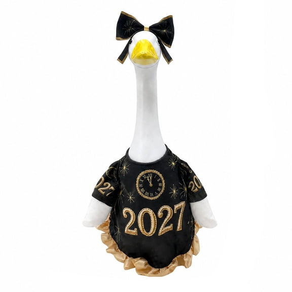 Porch Goose Outfit with 2027 Happy New Year Theme and Matching Bow, 23-Inch, Black and Gold, for Goose Statues, Decoration Set