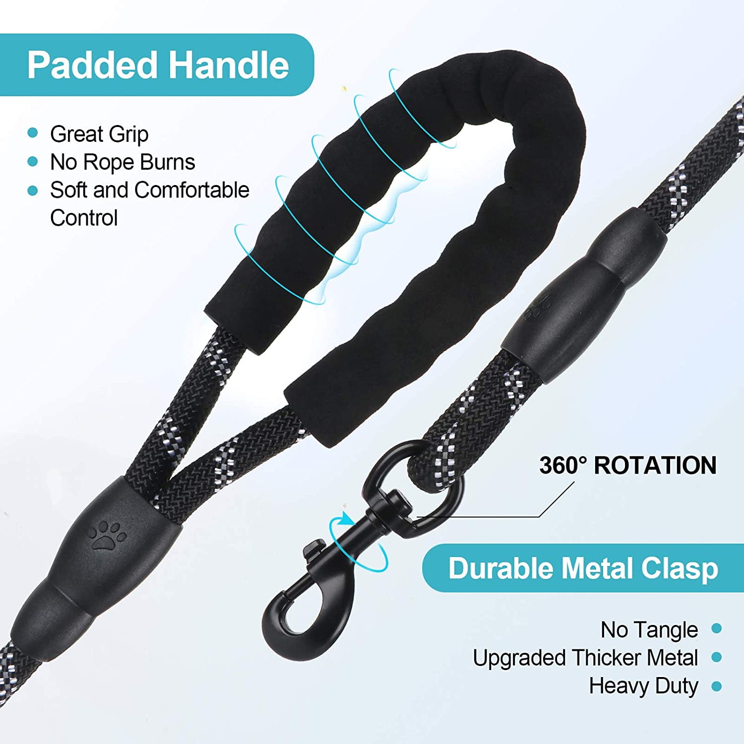 Rirool 5ft Black Nylon Rope Dog Leash with Padded Handle photo 2