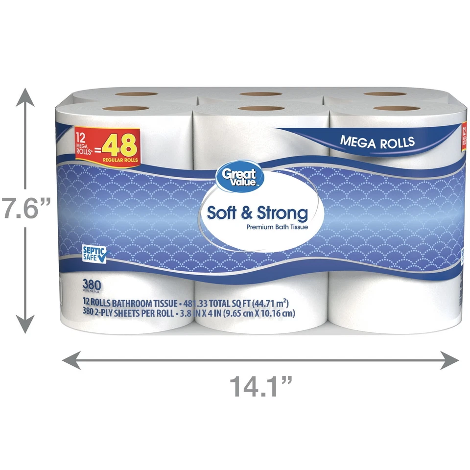 Soft & Strong Premium Toilet Paper 12 Mega Rolls 380 2-Ply Sheet Per Roll Us