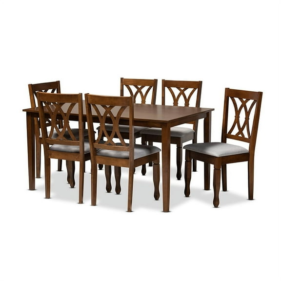 Contemporary Grey Fabric Upholstered and Walnut Brown Finished Wood 7-Piece Dining Set