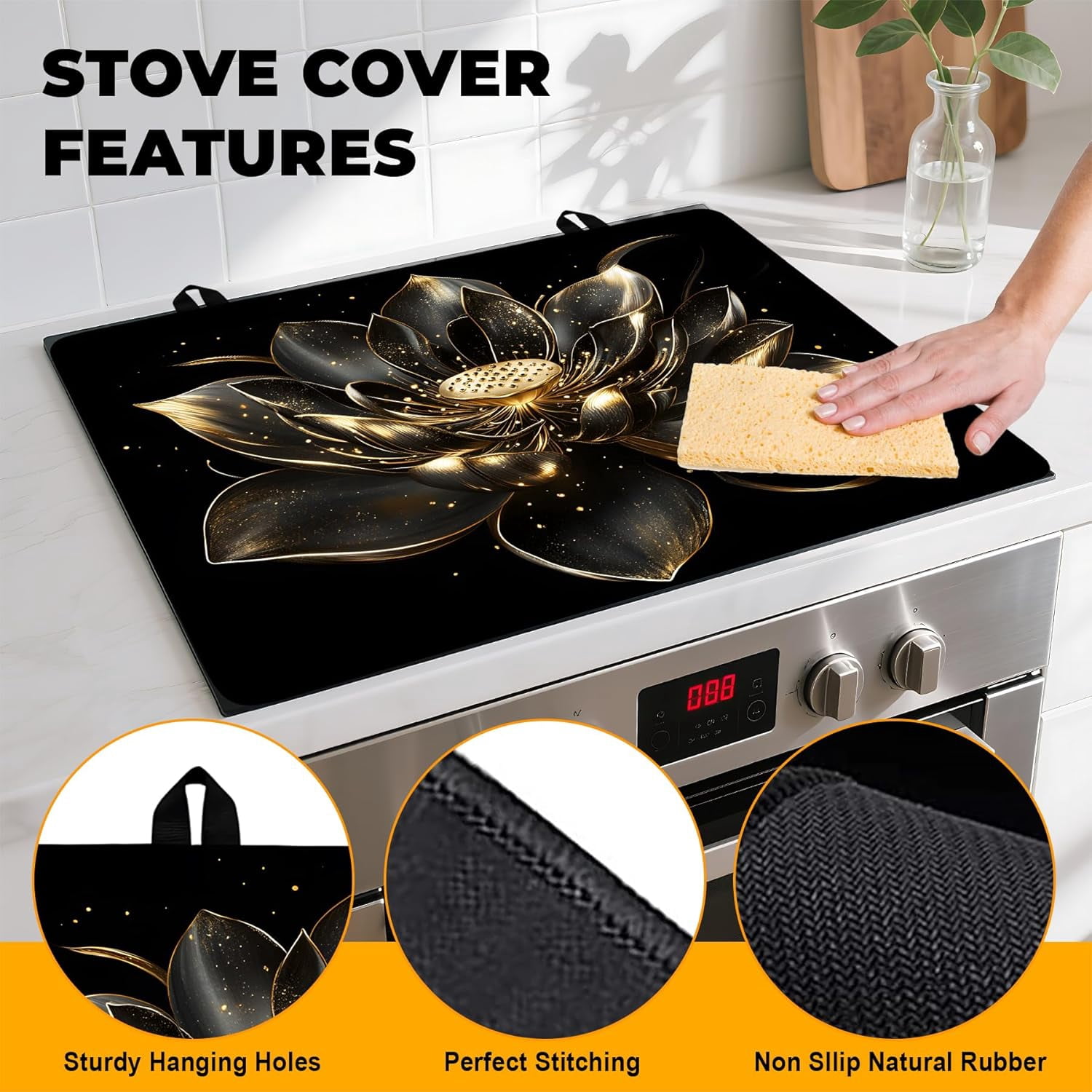 Stove Top Cover Flower Gas Stove Top Cover for Home Decoration Kitchen Pad Non-Stick Washable Cooktop Covers Countertop Protector Keep Stove Clean (Lotus, 28L"x20W")