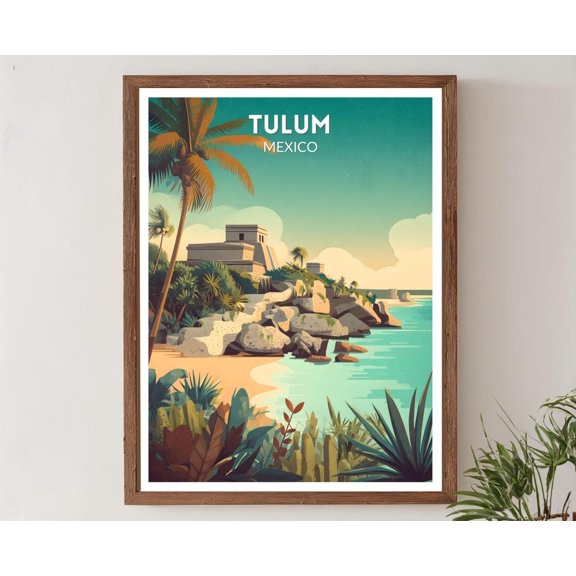 Tulum Mexico Retro Travel Mid Century Modern Vintage Coastal North America Wall Art, Unframed Poster
