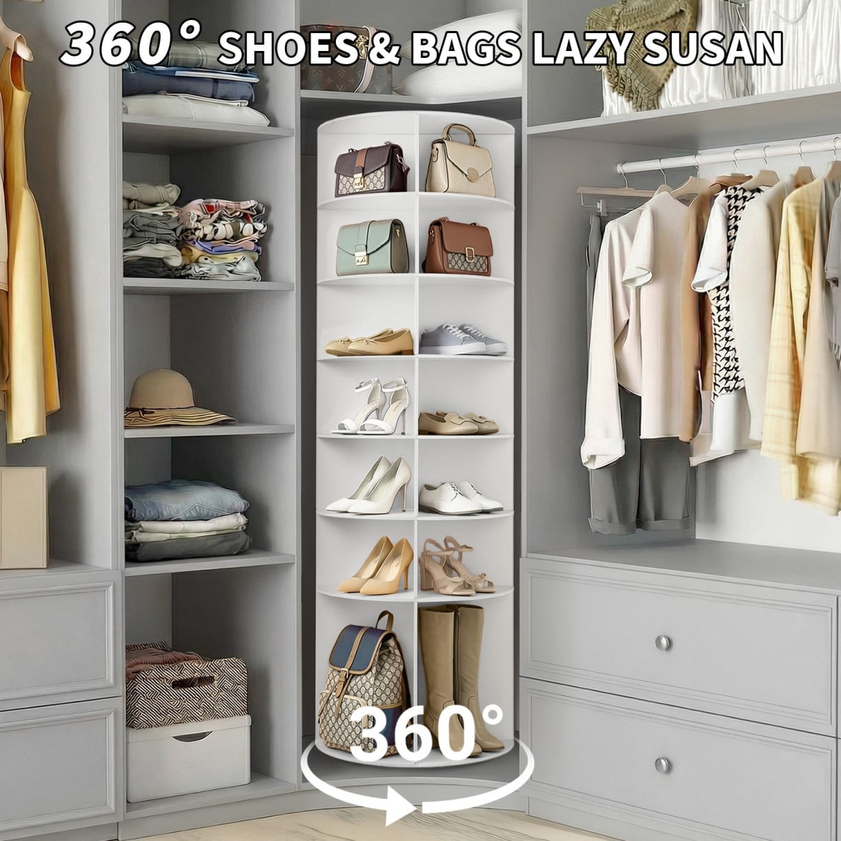 Hassch 7-Tier Rotating Shoe Rack, 360° Revolving Corner Organizer Tower for Bedroom Entryway Closet, Holds 28-32 Pairs of Shoes Handbags Hats Display Decor (White)