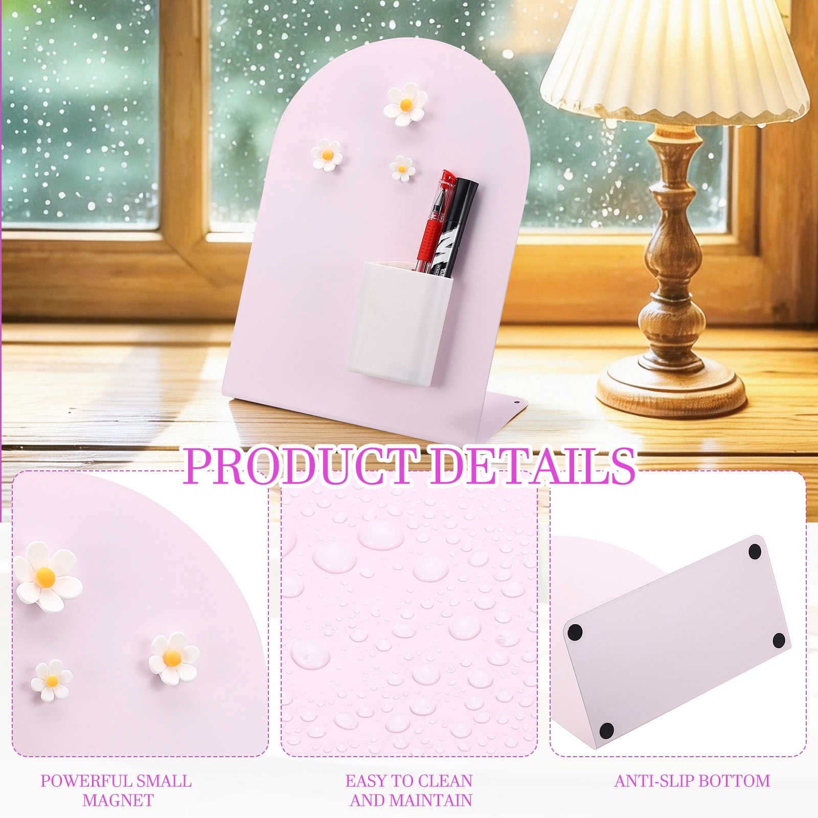 Uxcell Magnetic Bulletin Board, Memo Magnet Display Stand Board with 3 Flower Magnets & Pen Holder for Home Office, Pink/White
