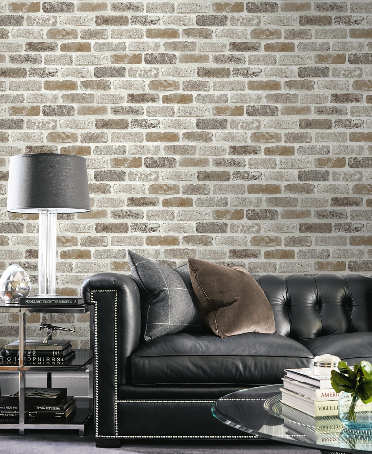 NextWall Tanned Leather & Pewter Washed Brick Peel and Stick Removable Wallpaper
