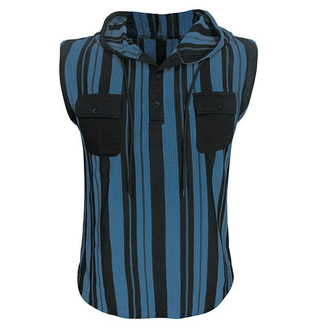 Mens Manga Corta Botón Abajo Camisas con Bolsillo, Moda a Rayas sin Mangas, Chaqueta con Capucha Blusa