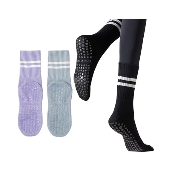 Eryueer 3 Pairs Womens Pilates Socks with Grips Yoga Socks Non Slip Grip Socks for Women for Gym Athletic Barre