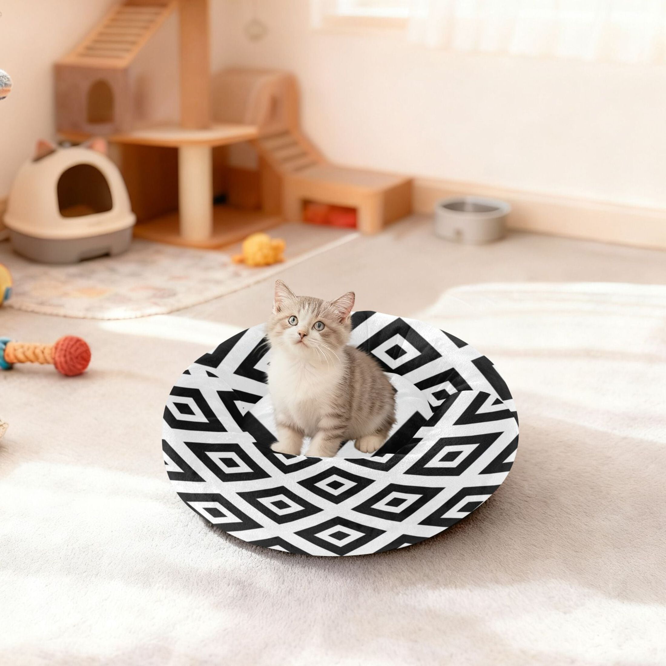 Iauyy Pet Couch Donut Cat Bed for Indoor Cats/Small Dogs Washable & Machine with Non-slip Bottom Calming Cat Furniture, Square Painted in Uniform Colors (XS)