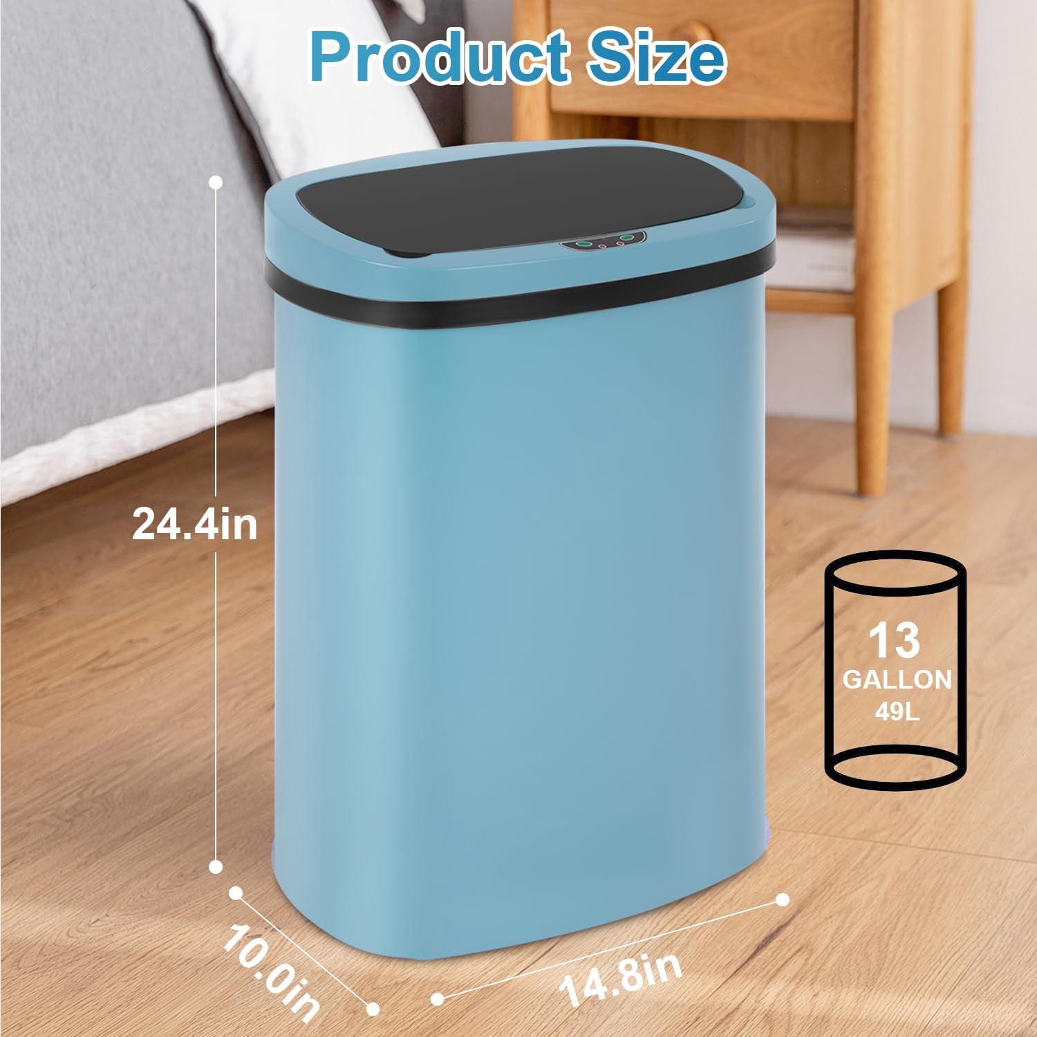 FDW 13Gal Touchless Trash Can - Auto Lid, High-Capacity for Kitchen/Office，(1, Blue)