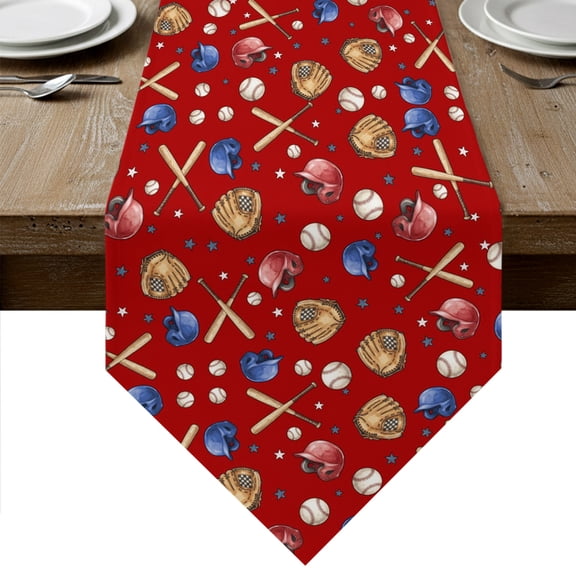 Baseball Sports Table Runner Linen Burlap Table Runner 48 Inches Long Modern Classic American Balls Red Dresser Scarves for Kitchen Island Coffee Dining Room Party Wedding Holiday Decor 13"x48"