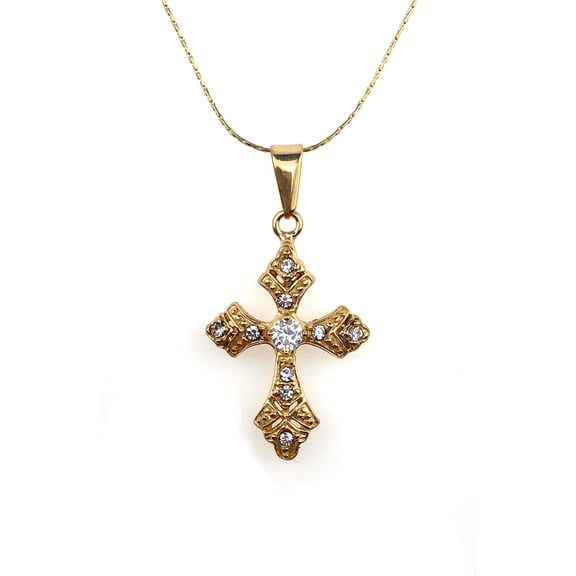 Paris Jewelry 24K Yellow Gold 3 ct Created Diamond Cross Stud Necklace Plated 18 inch