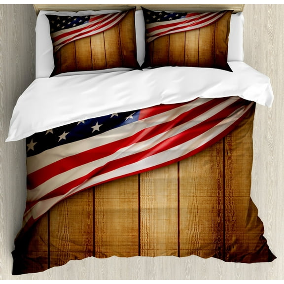 American Flag Duvet Cover Set, United States Design on a Vertical Retro Wooden Rustic Back Old Glory Country, Decorative 3 Piece Bedding Set with 2 Pillow Shams, King Size, Blue Red, by Ambesonne