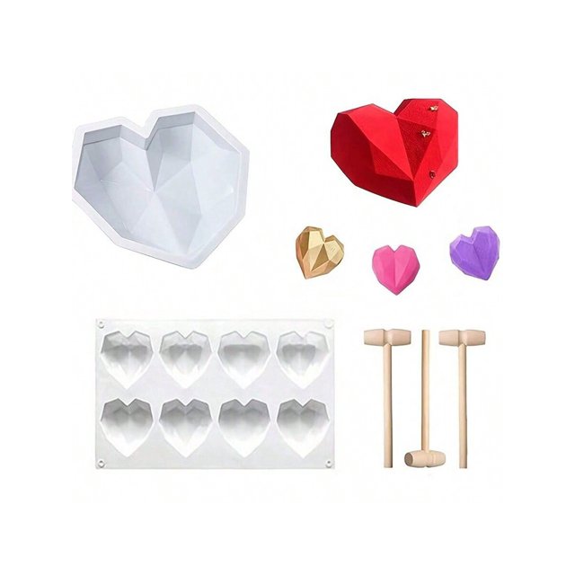 5pcs Heart Shaped Diamond Silicone Mold For Mousse, Chocolate Making; 1pc Non-Stick 3d Pot Mold For Cake Making; 3pcs Wooden Mallet Hammer; 1pc Non-St
