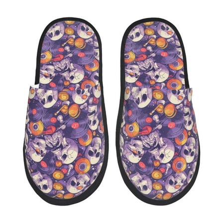 Balery music Skull record Slient Indoor Furry Fleece Comfort House Shoes Soft Non-Slip Home Shoes Cotton slippers House Slippers-- Medium