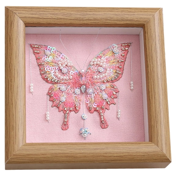 Pink Butterfly Embroidery DIY Material Kit with Frame & Loop, Handcrafted Beaded Needlework Art for Beginners, Easy Craft Project, Unique Present, Relaxing Home Decor