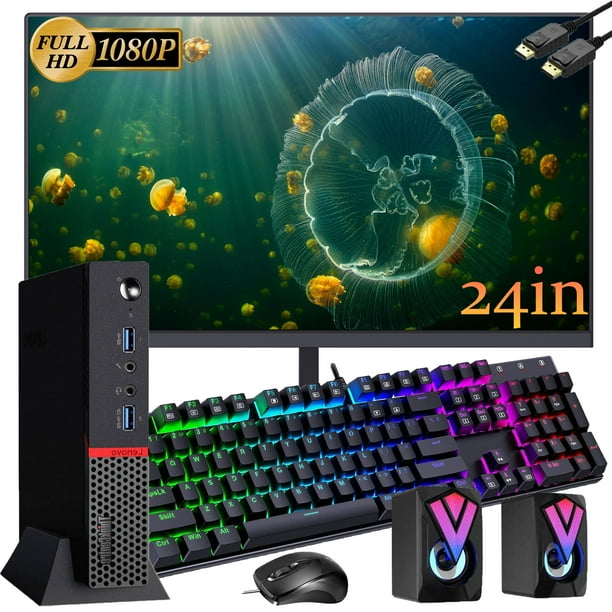 Lenovo ThinkCentre M900 Tiny Desktop Computer con Monitor FHD de 24 Pulgadas, Intel Core i5-6500T hasta 3,1 GHz, 16GB RAM, 256GB SSD, Teclado y Altavoces RGB, WiFi, BT, Win 11 Pro (reacondicionado)