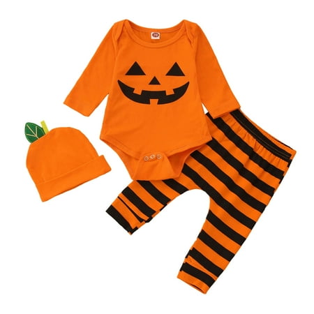 

Toddler Girl Outfits Winter Long Sleeve Pumpkins Romper Striped Pants with Hat 3Pcs Baby Boy Clothes