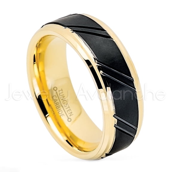 2-Tone Diagonally Grooved Tungsten Ring - 8mm Yellow & Brushed Finish Black IP Comfort Fit Anniversary Ring - TN716WAs9