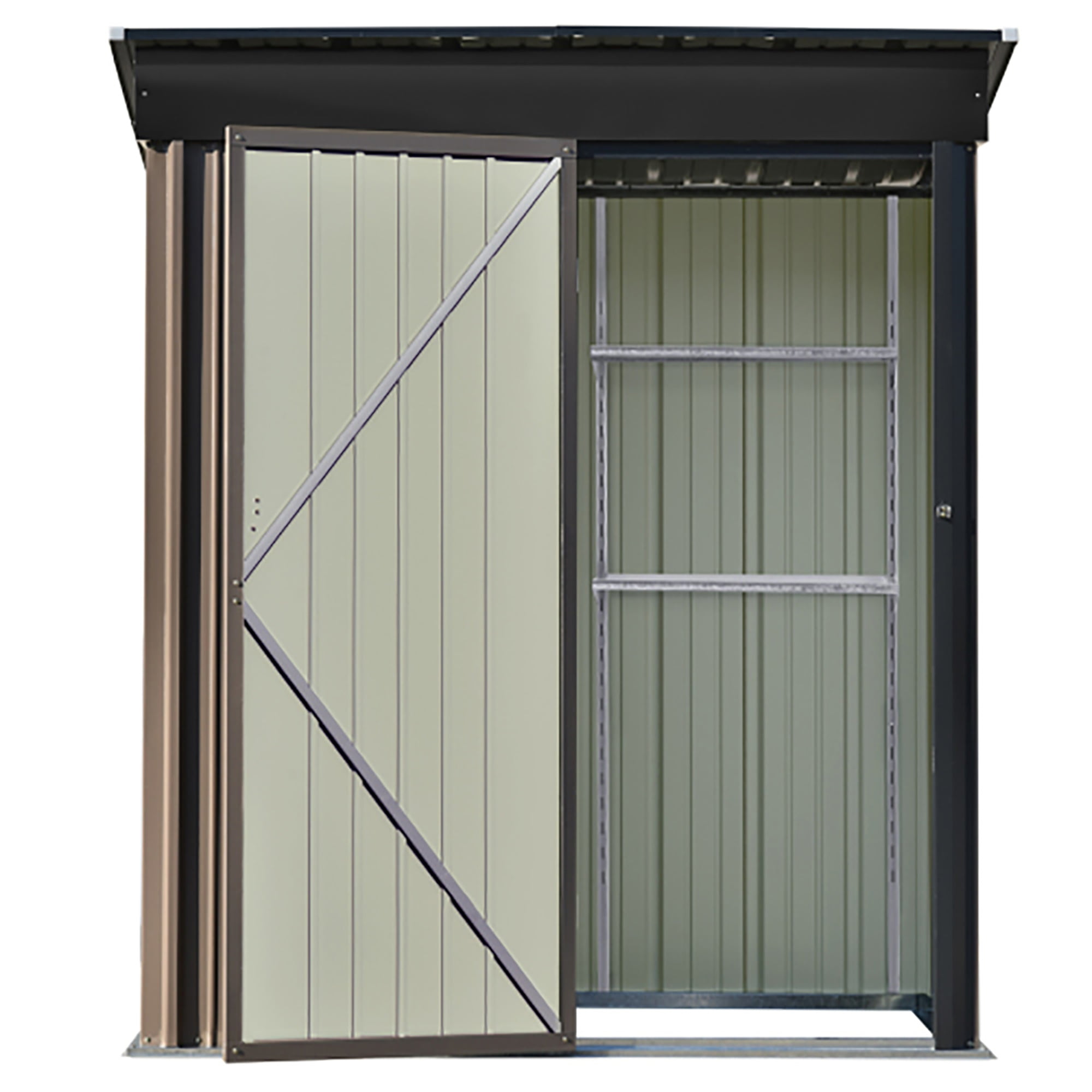 Kadyn Horizontal Outdoor Storage Shed Cabinet, Garden Shed, Metal Sloped Roof Storage Shed with Adjustable Shelves and Lockable Door for Trash Cans, Garden Tools and Yard Equipment, Brown Kadyn Horizontal Outdoor Storage Shed Cabinet, Garden Shed, Metal Sloped Roof Storage Shed with Adjustable Shelves and Lockable Door for Trash Cans, Garden Tools and Yard Equipment, Brown