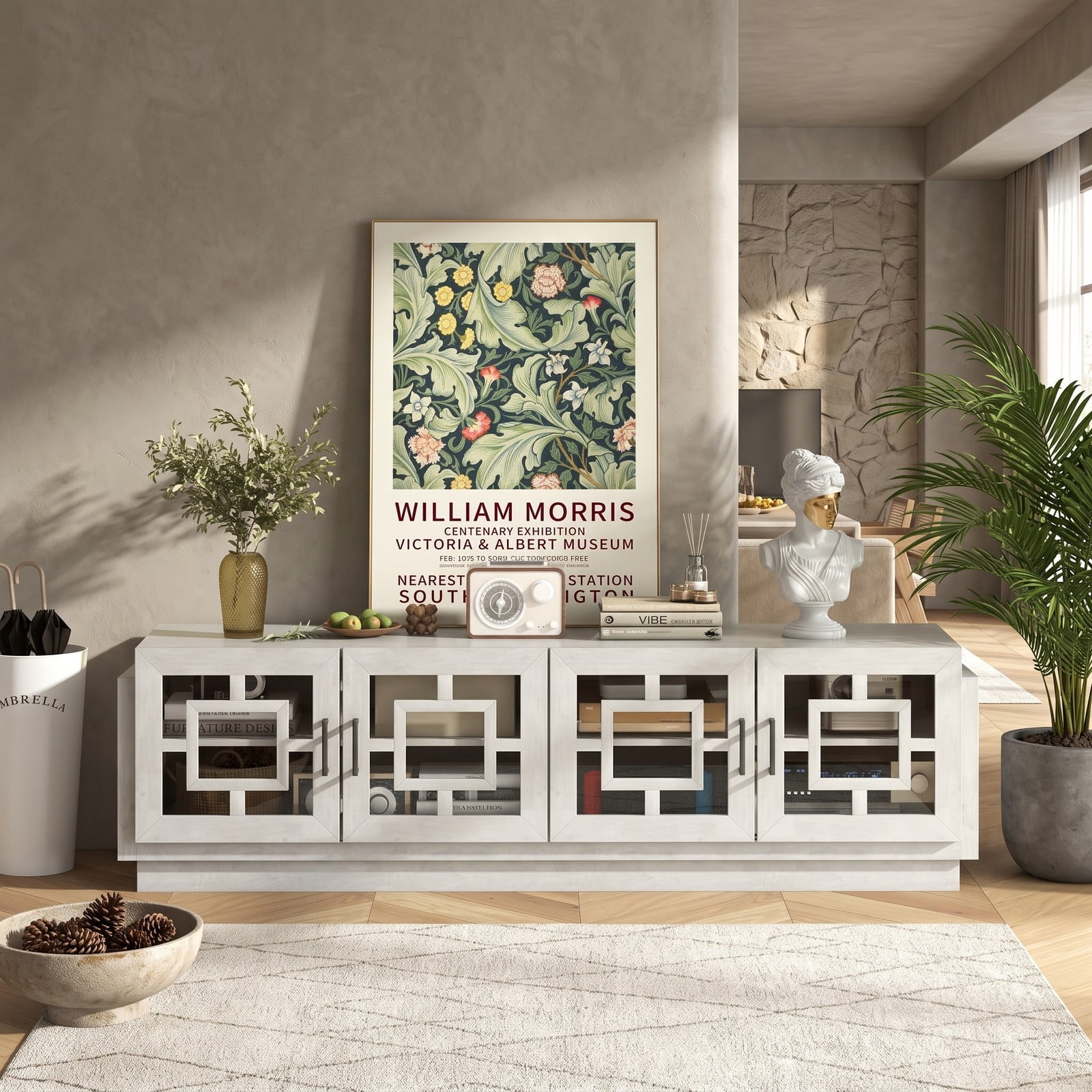 Furnibear 4-Door TV Stand for TVs up to 75 Inch, Wood Media Console Table Entertainment Center with Adjustable Shelves, Glass Cabinets and Cable Management, White Oak