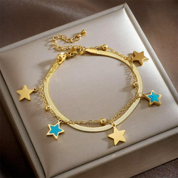 GKNET Womens 18K Gold Plated Stainless Steel Star Dangle Charm Bracelet Bangle B723