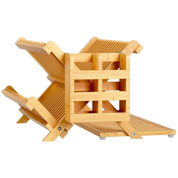 Wooden Dish Drying Rack with Utensil Holder, 3 Tier Foldable Bamboo Rack for Plates Bowls Cups, Large Capacity Kitchen Organizer with Absorbent Mat, Beige
