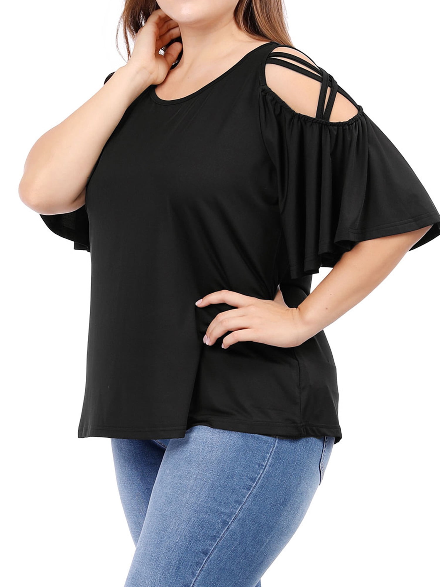 Unique Bargains Juniors' Plus Size Strappy Shoulder Trumpet Sleeves Top 4X Black