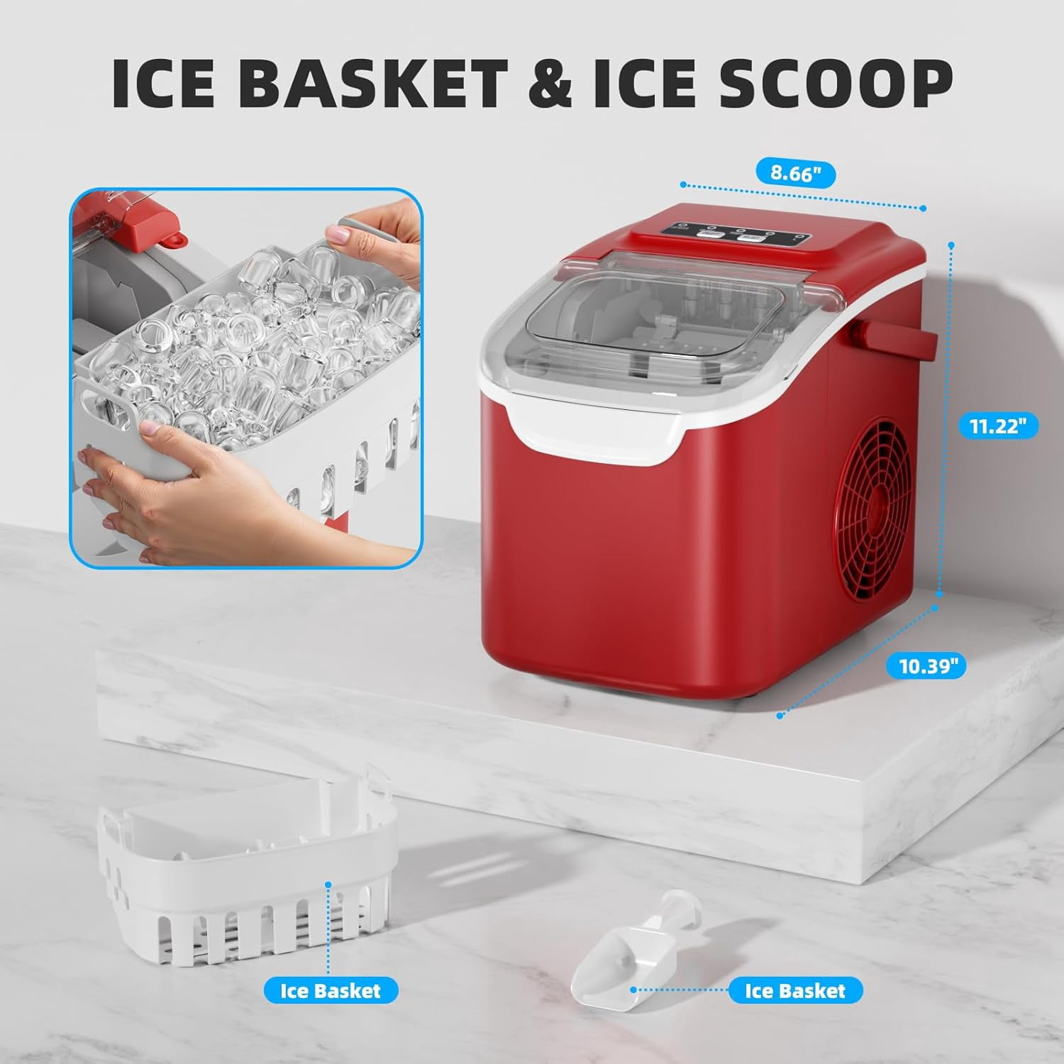 WAA 26.5 lbs/Day Countertop Ice Maker,9 Pcs in 6 Mins Portable Compact Ice Machine,Self-Cleaning Electric Ice Maker with Handle for Kitchen,Office,Home Bar,Party & RV