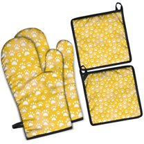 Yellow Dog Paw Footprint Kitchen Oven Mitt and Pot Holder Sets 4 Pcs for Baking, Cooking and Grilling, Heat Resistant Up To 392 °F