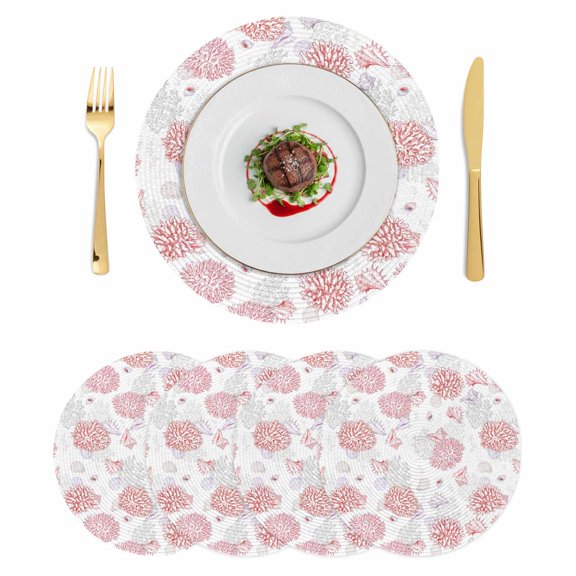 Red Gray Coastal Round 15 Inch Placemats Set of 4, Summer Beach Ocean Coral Conch Shell HeatResistant Non Slip Place Mats for Dining Table, Wipeable Braided Kitchen Table Mats for Housewarming