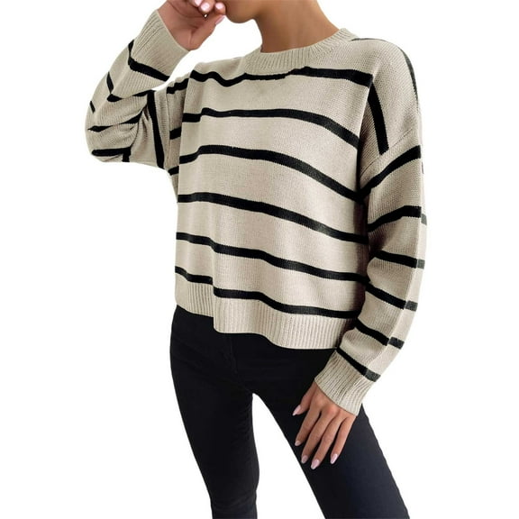 BOOMNY Womens Sweaters Long Sleeve Sweaters for Women Casual Striped Crewneck Warm Knit Pullover Trendy Tops 2025 Fall Winter Knitwear