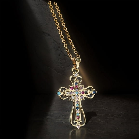 ERDOUY handmade necklace pendant, suitable for both men and women, colored zircon cross pendant necklace (gold color)