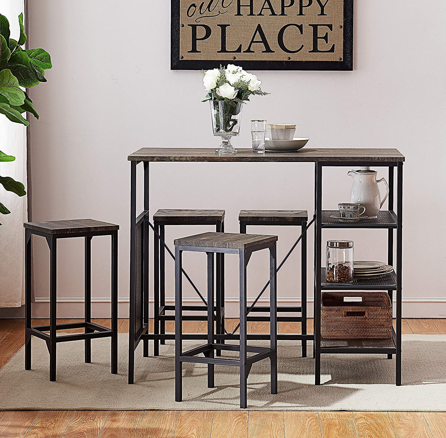 5-Piece Dining Room Table Set, Bar Pub Table Set, Industrial Style Counter Height Kitchen Table with 4 Backless Bar stools for Dining Area, Gray-Brown