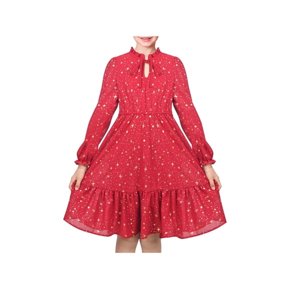Sunny Fashion Girls Dress Crimson Golden Star Ruffle Collar Keyhole Tie Long Puff Sleeve Tiered Xmas 6 Years