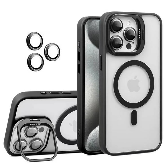 Allytechgroup Magnetic Case for iPhone 13 Pro Max with Aluminum Alloy Stand/ Metal Buttons/ Camera Lens Protector [Compatible with MagSafe] Anti-Yellow Translucent Matte Clear Back Cover, Black