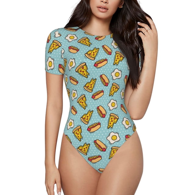 Fotbe Hot Dog Pizza Body de Mujer con Cuello Redondo y Mangas Cortas, Sin Mangas Ajustado, Suave, Cómodo y Básico-Medium